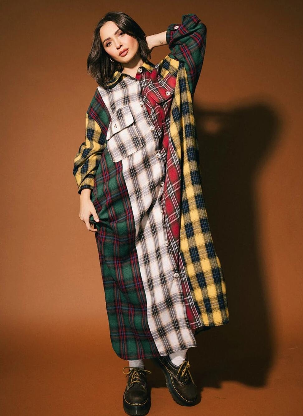 Dressed in LaLa Grunge Goddess Flannel in Mixed Patch Plaid (L/XL)